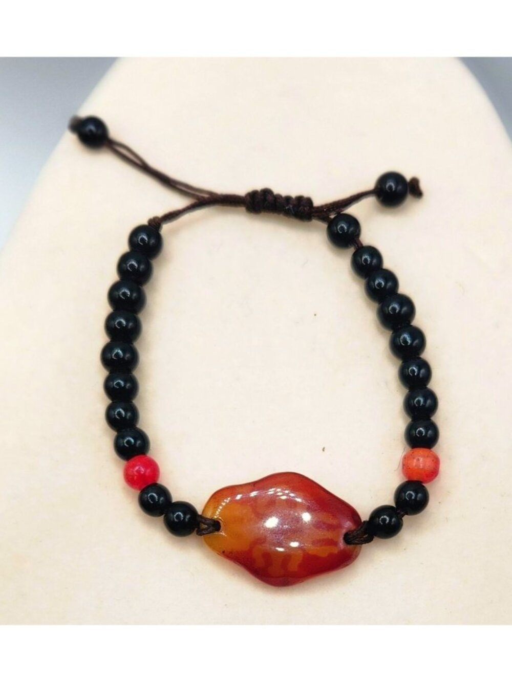 Handmade Carnelian & Onyx Beaded Adjustable Bracelet